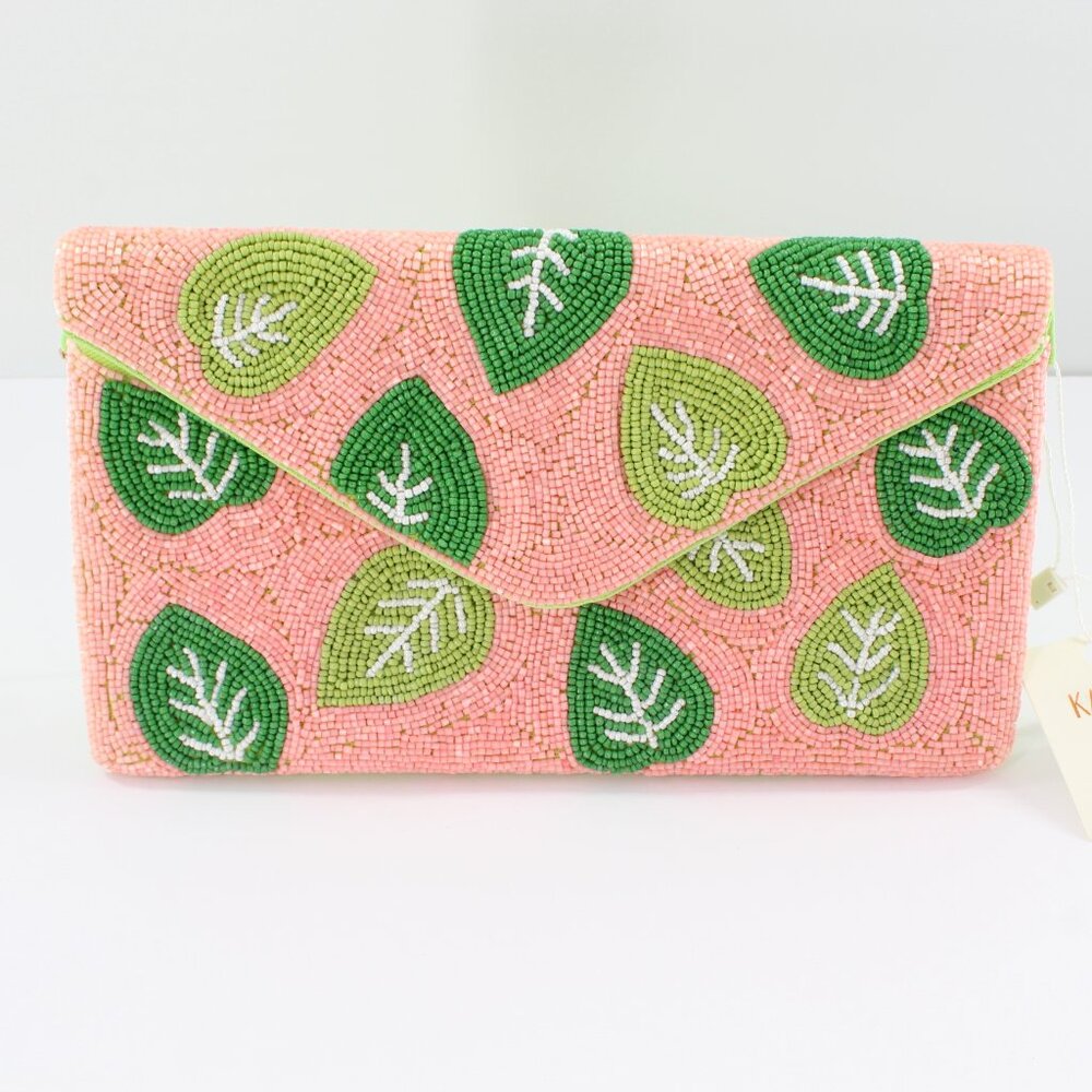 KAYLEE Beautiful Leaf Design Beaded Envelope Clutch Crossbody Bag NWT